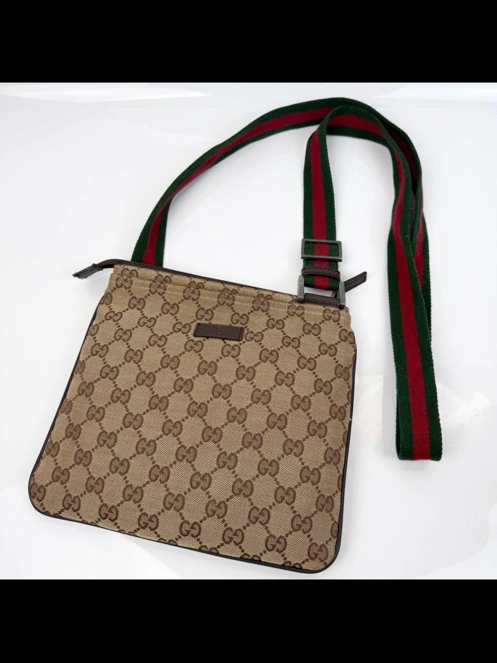 Gucci Brown GG Canvas Messenger Bag with Green-Red Web Strap